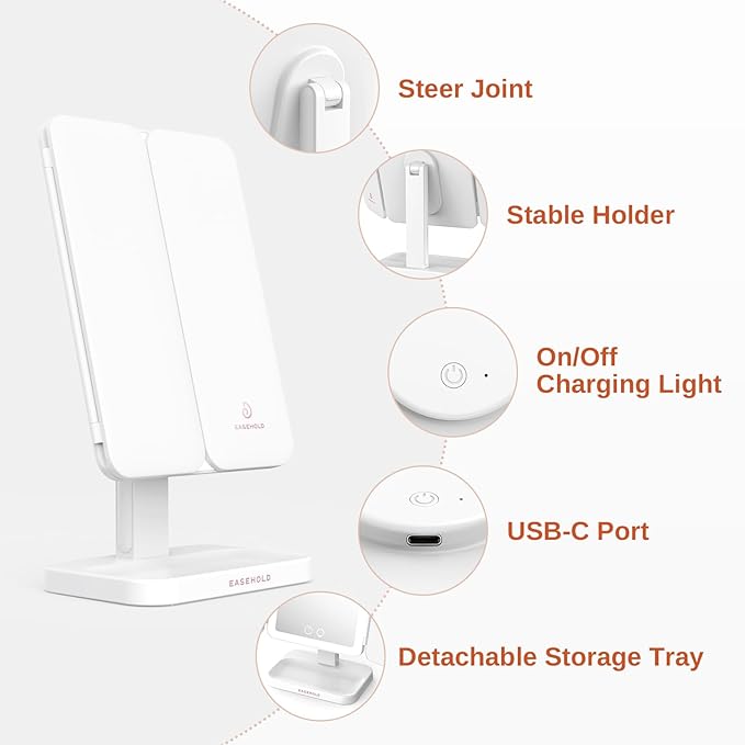 EASEHOLD Lighted Makeup Mirror with 3X Magnification, 3 Color Lights & Touch Sensor - Rechargeable Trifold Vanity Mirror for Travel, Desk, Home Use