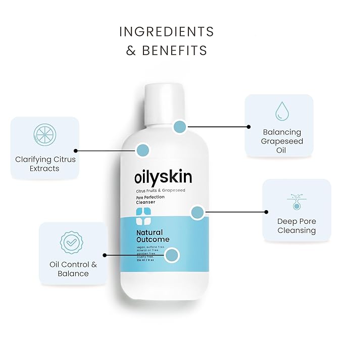 natural outcome Oily Skin Cleanser | Oil Control Daily Face Wash | Pore Hydrating Non-Greasy Cleansing Gel with Purifying Citrus Extracts for Oily Skin Types | Sulfate & Cruelty Free | 8 oz