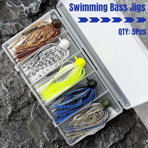 Weedless Football Jigs for Bass Fishing, Multi-Coloured Finesse Football Jig Heads with Vivid Hand-Tied Silicone Skirt and Weed Guard 1/4 3/8 1/2 3/4oz (Pack of 5) - size: 3/8oz-5pcs