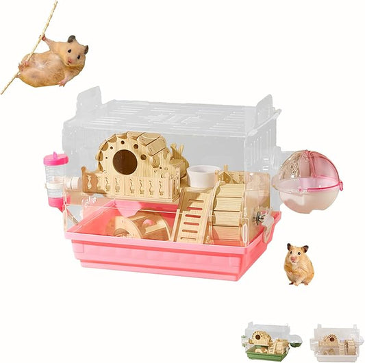 Acrylic Hamster Cage,Small Animal Houses&Habitats with Accessories,Hamster Enclosure with Stairs,Clear Pet Mice House,for Dwarf Gerbil,Dwarf Hamster,Pet Mice(Pink,13.78" L*10.23" W*10.83" H)