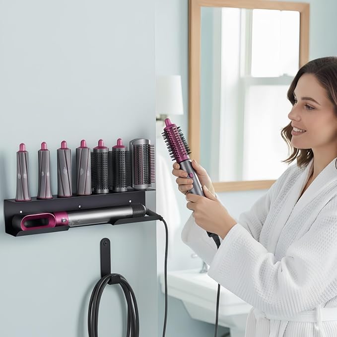 Hair Dryer Holder for Airwrap, Aluminum Hair Tool Holder Wall Mount Black with 7 Custom Slots & Cable Hook, Hair Tool Organizer Wall Mounted for Bathroom
