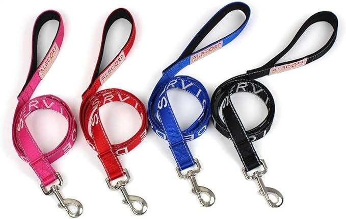 Albcorp Service Dog Leash - Embroidered- with Padded Neoprene Handle and Reflective threads, 4 Feet, for Harnesses, Vests or Collars, Black