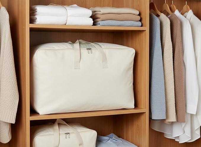 Soft Canvas Clothes Storage Bags with Four Carrying Handles and Clear Window, Closet Organizer for Clothing, Blankets Sheets and Bedding, 55L, 3 Pack, Beige