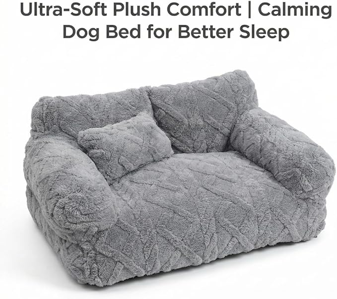 Plush Calming Pet Sofa Bed, Raised Rim, Removable Cover & Non-Slip Bottom for Cats & Dogs, Calming Dog Bed Fluffy Plush Dog Mat for Furniture Protector with Removable Washable Cover (Khaki, Large)
