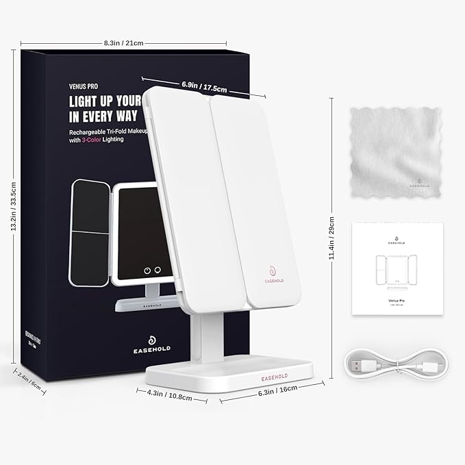 EASEHOLD Lighted Makeup Mirror with 3X Magnification, 3 Color Lights & Touch Sensor - Rechargeable Trifold Vanity Mirror for Travel, Desk, Home Use