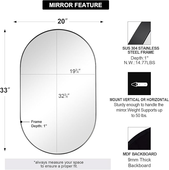 ANDY STAR Black Oval Mirror, 20x33’’ Oval Mirrors for Bathroom, Pill Shaped Mirror, Black Mirror Vanity, Modern Black Mirror for Bathroom Stainless Steel Metal Framed Wall-Mounted Mirrors