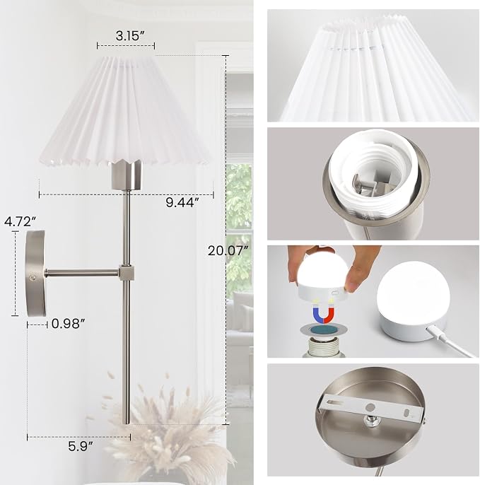 Wireless Wall Sconce Sets of 2, Pleated Shades Rechargeable Battery Operated