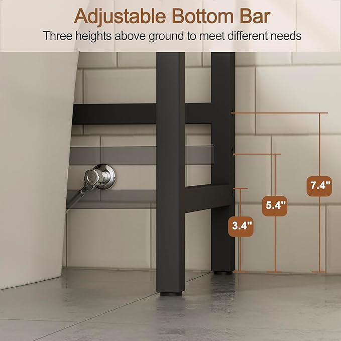 76" H Over the Toilet Storage Rack, 4-Tier Bathroom Organizer with Toilet Paper Holder & Hooks, Metal Frame with Wooden Shelves, Space Saver for Small Bathroom, Rustic Brown and Black