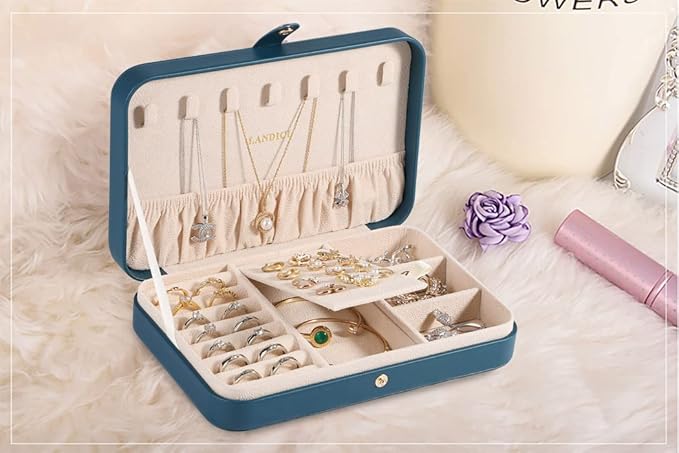 LANDICI Small Jewelry Box for Women Girls, PU Leather Travel Jewelry Organizer Case, Jewellery Storage Holder Display for Ring Earrings Necklace Bracelet Bangle Watch Men Kids Gift, Bluish Green
