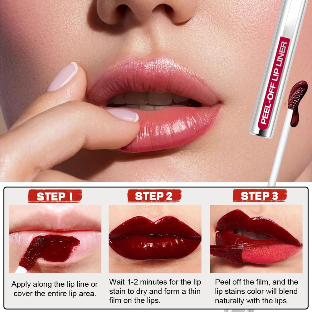 3 Colors Peel Off Lip Liner Stain Kit, Long Wear Matte Lip Tint Stain Set with Tweezer for Women, Waterproof Transfer Proof Highly Pigmented Peel Off Liquid Lipstick for All Skin Types (#3,4,5)