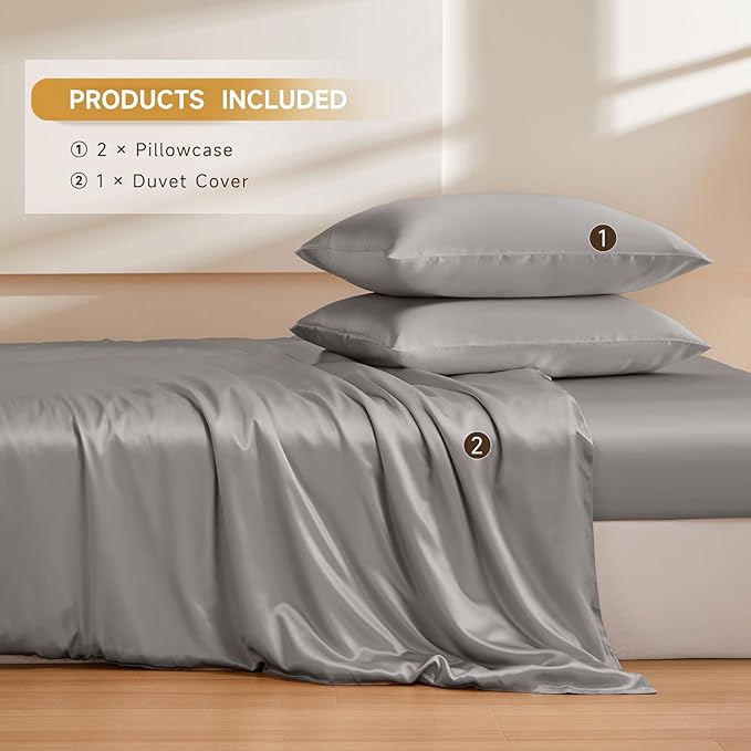 THXSILK 100% Pure Mulberry Silk Duvet Cover Set 3 Piece, 6A+ Grade Luxury Soft Bedding Silk Sheets for Hair and Skin, 1 Pcs Duvet/Quilt/Comforter Cover with 2 Zippered Pillowcases (Grey, Twin)