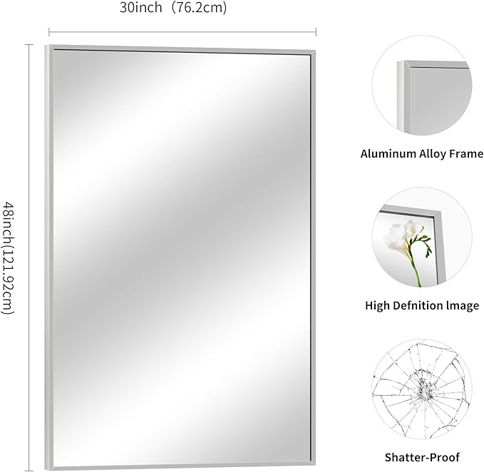 Silver Bathroom Mirror for Wall, 30x48 Inch Rectangle Mirrors with Metal Frame, Modern Vanity Wall Mirror Decor for Bathroom Living Room, Entryway Hangs Horizontal or Vertical