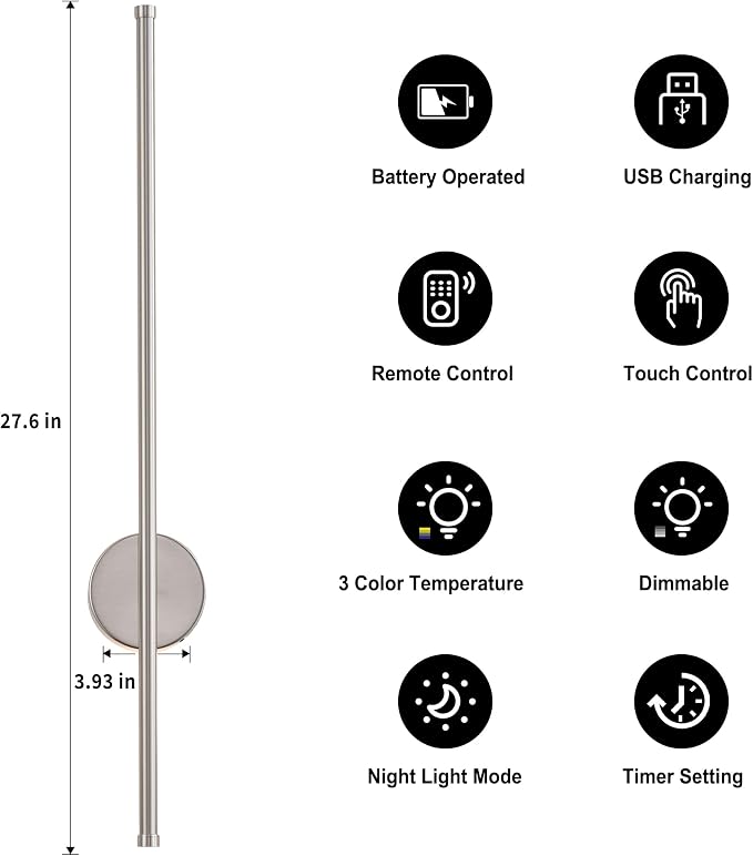 Battery Operated Modern Wall Sconces, Dimmable Wireless Wall Light Set of Two