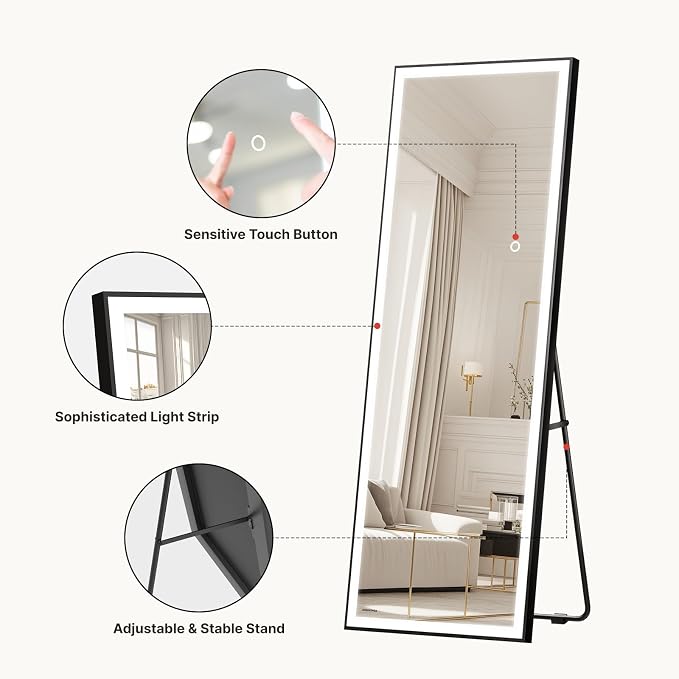 Kosmonia 67x20 Full Length Mirror, Dimmable 3 Color LED Light w/Light Memory
