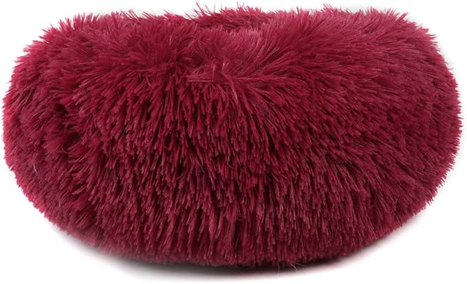otoez Kitten Puppy Bed Small Round Dog Cat Beds Anti Anxiety Plush Pet Calming Donut Bed with Non-Slip Waterproof Bottom, Washable (19.7", Dark Red)