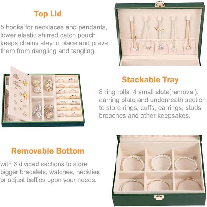 Voova Jewelry Box Organizer for Women Girls, 2 Layer Large Men Jewelry Storage Case, PU Leather Display Jewellery Holder with Removable Tray for Necklace Earrings Rings Bracelets, Blackish Green