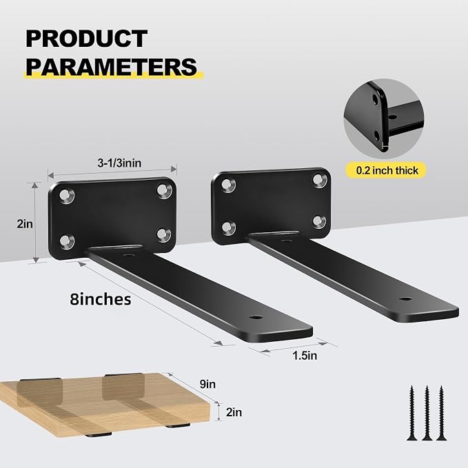 12 Pack - 8 inch Black Hidden L Shelf Bracket Iron Floating Shelf Brackets