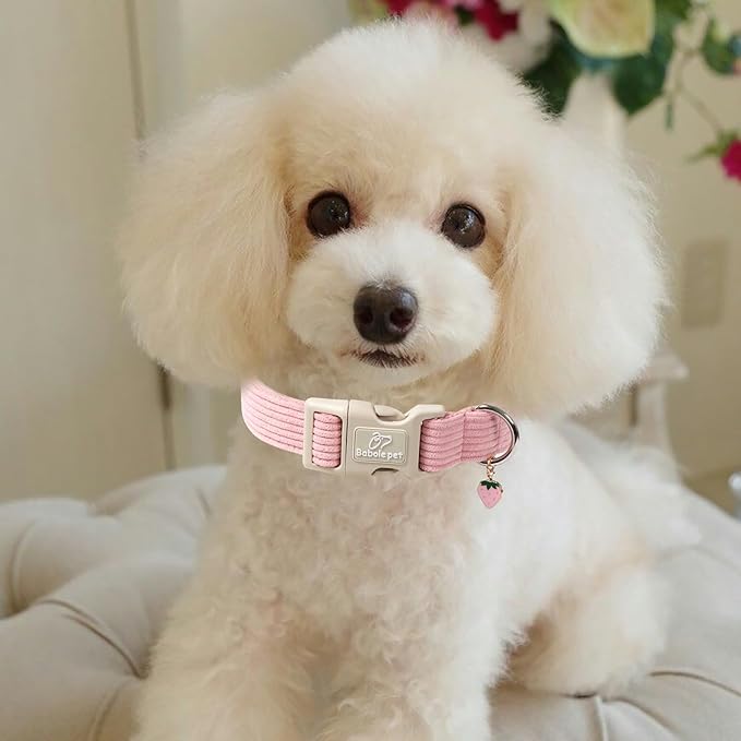 Cute Corduroy Dog Collar - Pink Adjustable Dog Collars for Medium Dogs 25-50lbs, Fade-Proof with Secure Snap & Little Charm, Christmas Birthday Gift, M