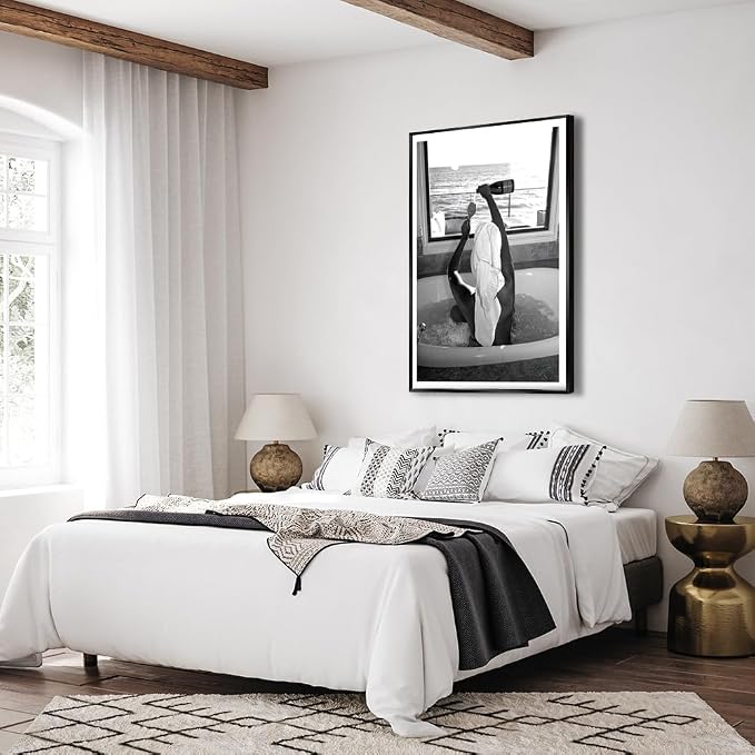 Trendy Black and White Poster Funny Woman Drinking Wine in Bathtub Wall Art