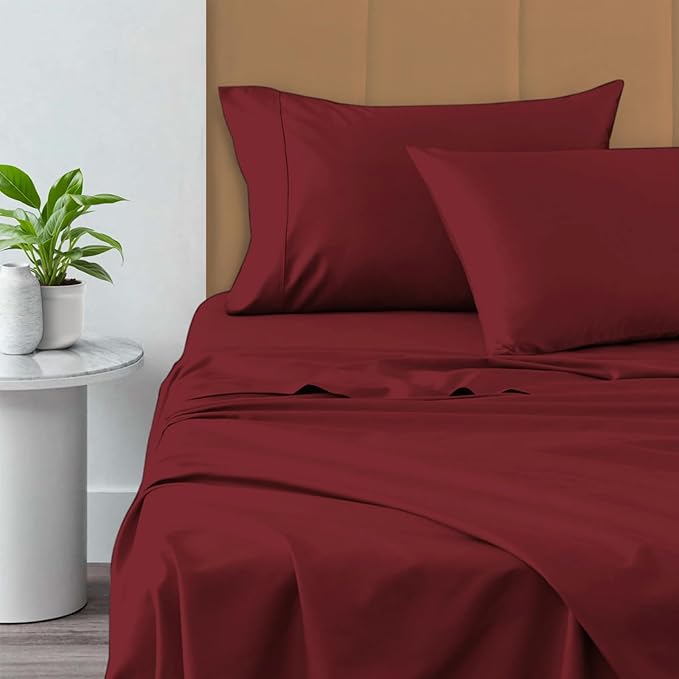 Pizuna Pure 100% Cotton Sheets 6pc Queen Size, 800 Thread Count Long Staple Cotton Crisp Sateen Sheets 6pc Queen with 15" Deep Pocket (Combed Rio Red Cotton Sheets 6pc Queen)