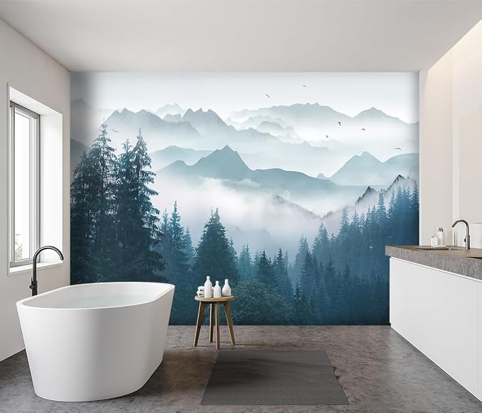 -Foggy Forest Pine Scenery Fabric Wallpaper Living Room Bedroom Bathroom