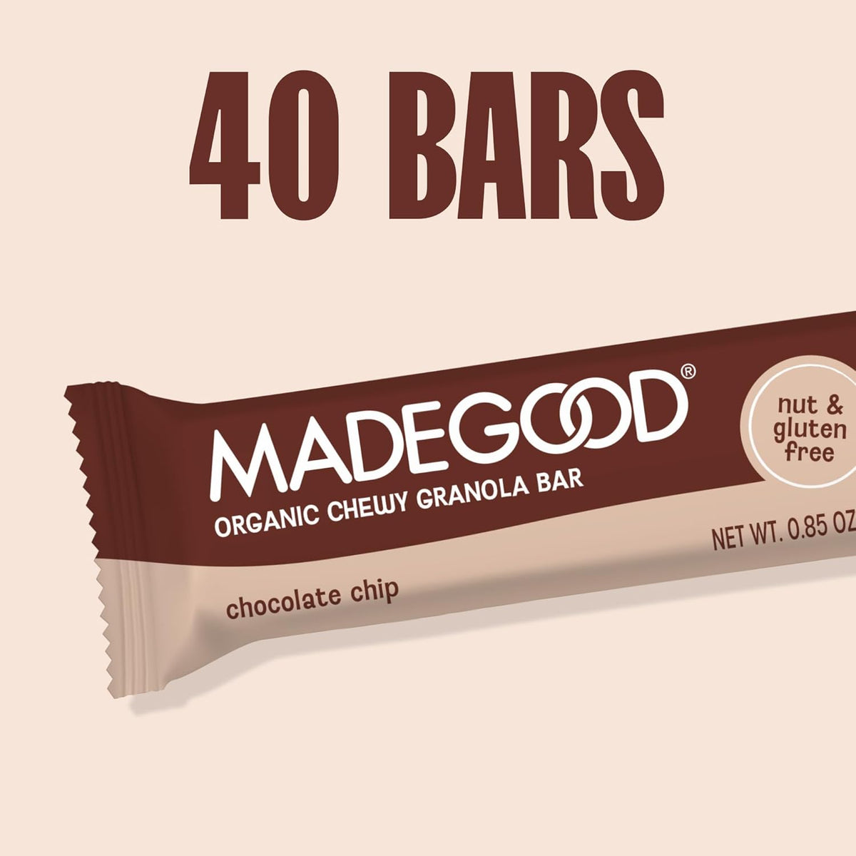 MadeGood Chocolate Chip Granola Bars, 40 Count (0.85oz Each) Contains Nutrients from Vegetables, Gluten Free Snacks