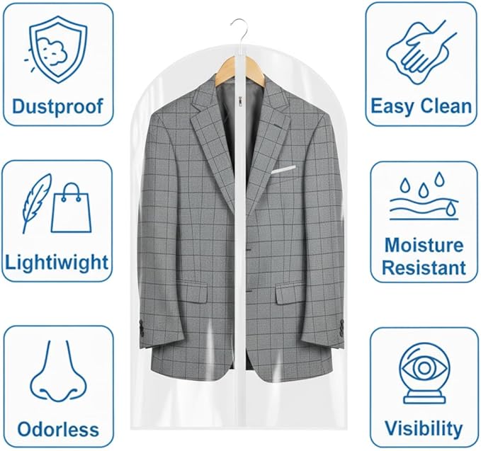 36” All Clear Garment Bags for Women Suit Bags - PEVA Waterproof Suit Cover with Zipper for,Hanging Clothes, Coats - Durable Dresser for Closet Storage, Dustproof & Moisture Resistant - 36”/6 Pack