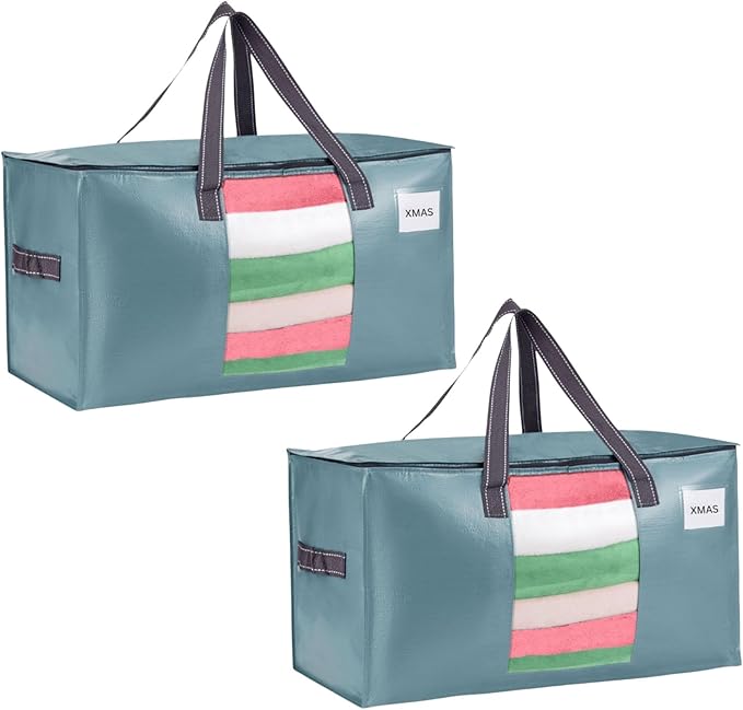 VENO 2 Pack Moving Bags, Christmas Storage Bins, Moving Boxes Alternative, Comforter and Blanket Storage Bags, College Dorm Packing Supplies, Foldable Heavy-Duty Tote (Shiny Light Blue, 2 Pack)