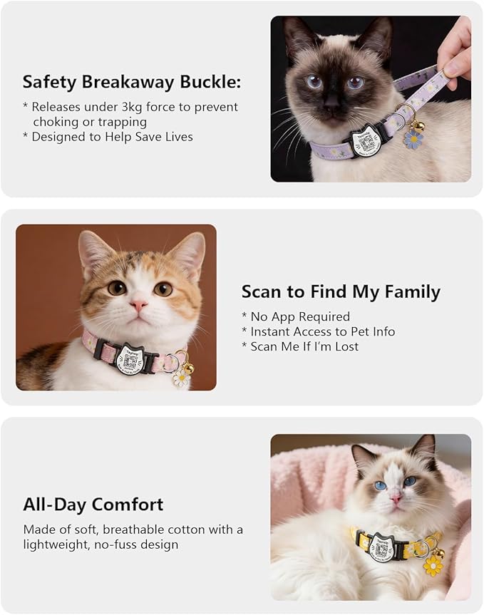 Cute Floral Breakaway Cat Collar with QR Code ID Tag, Soft Cotton Adjustable Kitten Collar with Bell, Personalized Scan ID for Cats, Daisy Pattern, Flower Pendant(Purple)