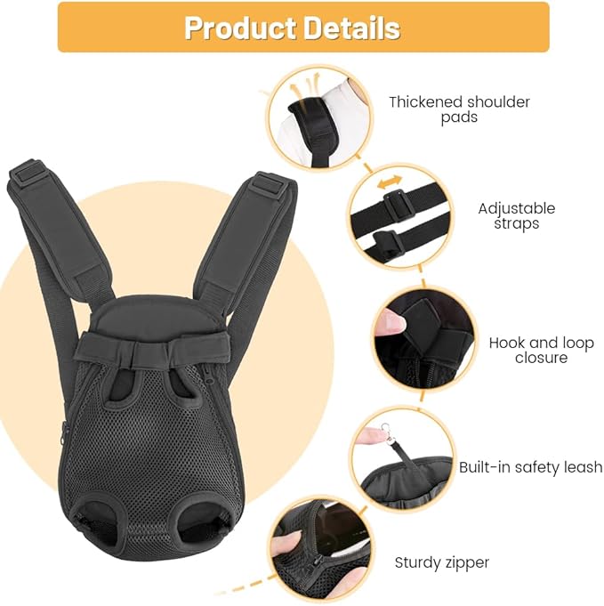 Inspack Dog Backpack Carrier/Cat Carrier, Adjustable Pet Front Carriers Travel Bag for Puppy Medium Dogs, Legs Out, Soft Ventilated Dog Chest Carry Backpacks for Hiking/Camping, 7-11 lbs, Black