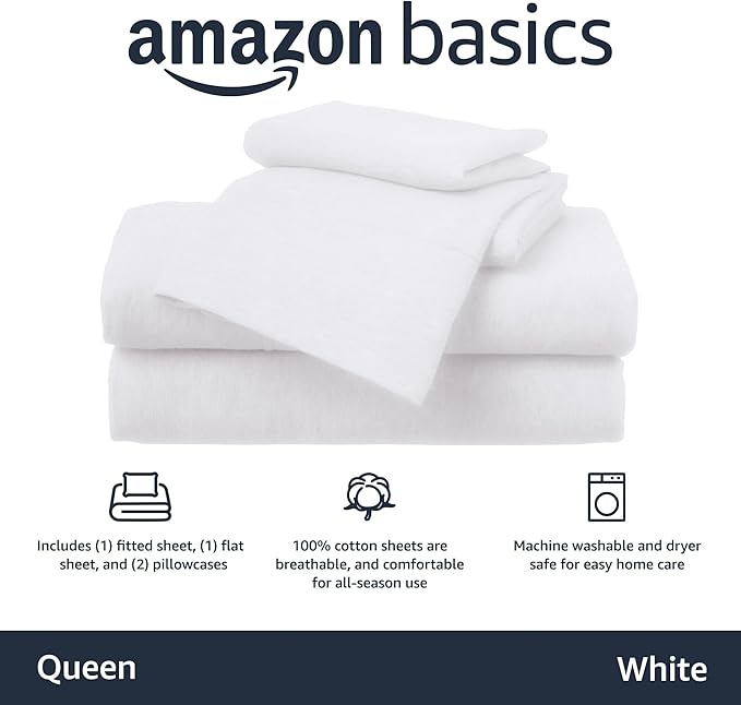 Amazon Basics 4 Piece Comfortable Cotton Jersey Bed Sheet Set, Includes Soft Flat and Fitted Sheets, Pillowcase, Queen, White, Solid
