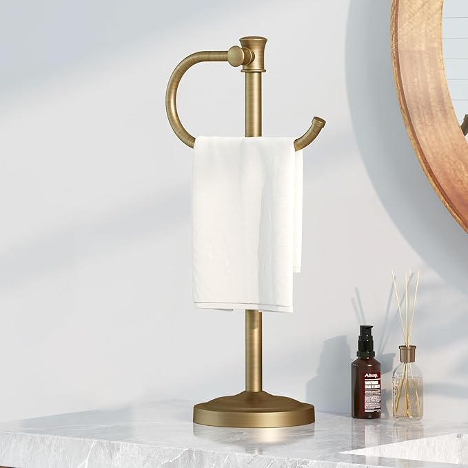 BESy 17 Inch Antique Brass Stand Towel Bar Hanger Hand Towel Bar Bathroom Vanity Countertop Towel Holder Free Standing Stainless Steel Towel Ring Hardware Accessories Towel Rack