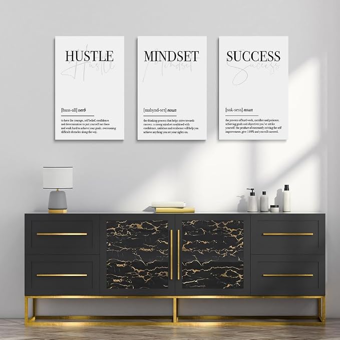 GUBIYU Hustle Mindset Success Wall Art Set of 3 Framed Canvas Black and White