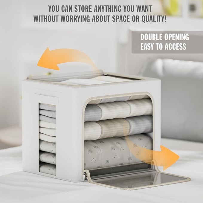 FHSQX 2 Pack Clear Window Storage Bins - Large Stackable Linen Fabric Storage for Clothes Foldable Container Organizer Set with Carrying Handles (Lvory White, 15.7x 11.8x 9.8Inch)