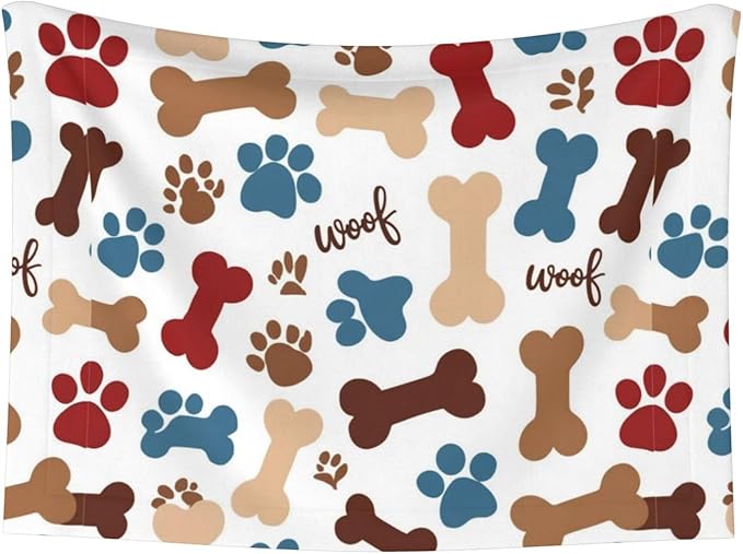 Reversible Dog Blanket for Beds Couches, Dog Bones Paw Prints Cream, Double Sided Cat Blanket with Textured Dot Feel and Smooth Feel for Seasonal Comfort All Year