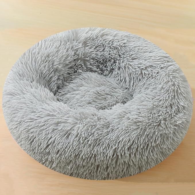 Calming Small Dog Bed & Cat Bed, 16 Inch Donut Fluffy Anti-Anxiety Round Bed Washable Cute Bed, Cuddler Warming Cozy Soft Bed, Plush Cushion Bed for Small Medium Dogs and Cats (Light Grey)