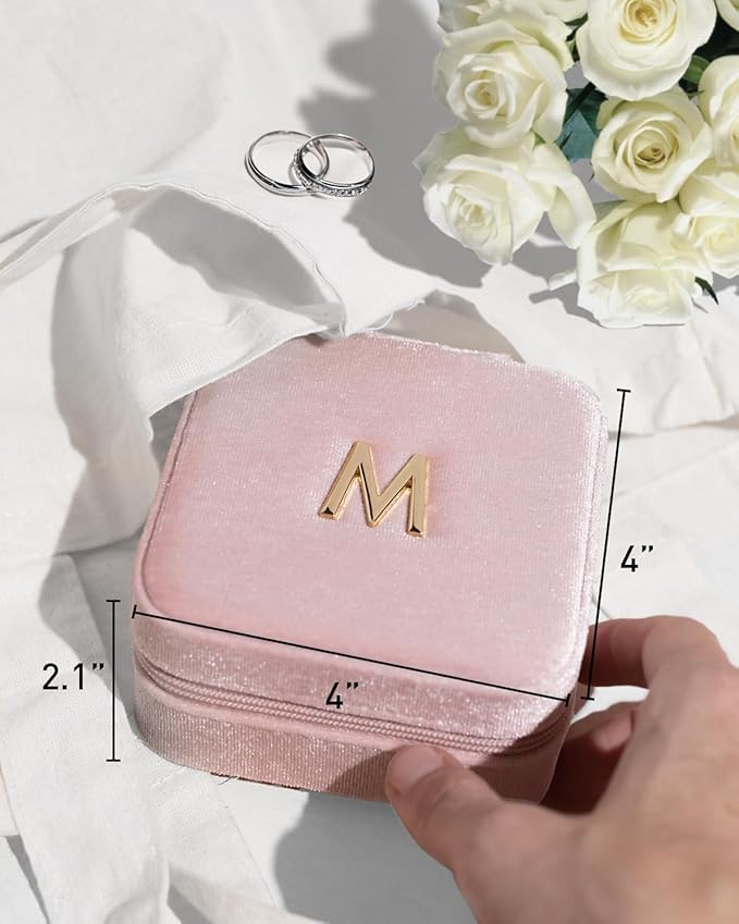 Vlando First Mothers day Gifts for New Mom, M Initial Travel Jewelry Case, Small Jewelry Travel Case, Personalized Travel Mini Jewelry Case, Birthday Gifts for Women Mom Grandma - Letter M, Pink