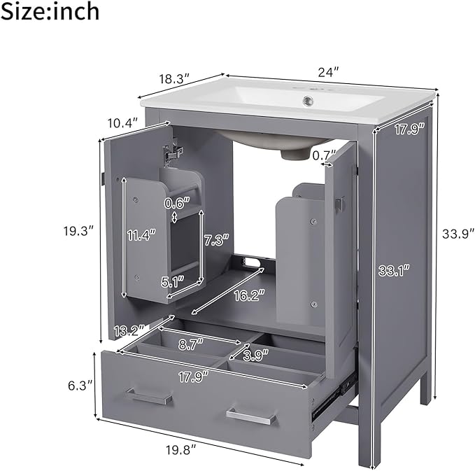 24" Bathroom Vanity with Sink Combo Set, Solid Wood Frame Bathroom Storage Cabinet with 2 Drawers and 1 Drawer, Double-layer Door Shelf, Soft Closing Cabinet Door with Organizer,Grey