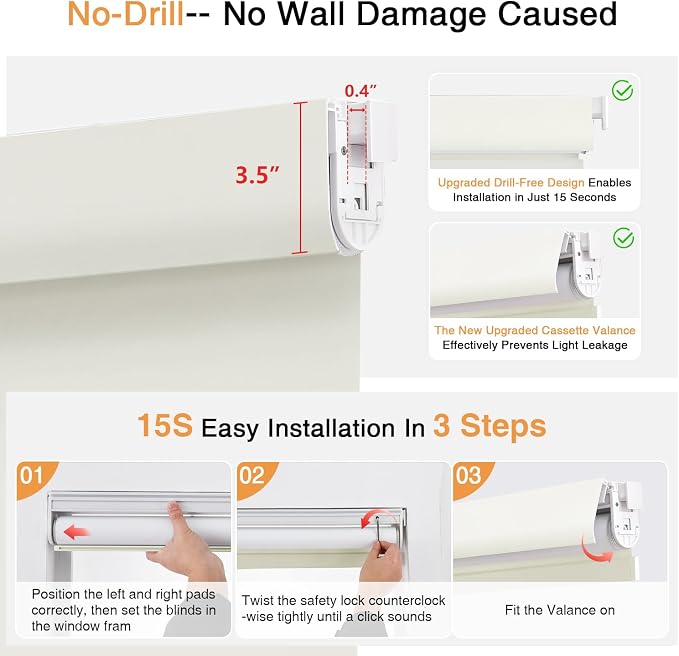 AOSKY No Drill Cordless Blackout Roller Shades