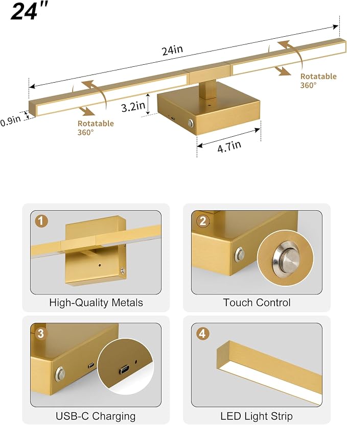 Rayogale 8000mAh Battery Operated Wall Sconce, 3000K/4500K/6000K Dimmable Gold