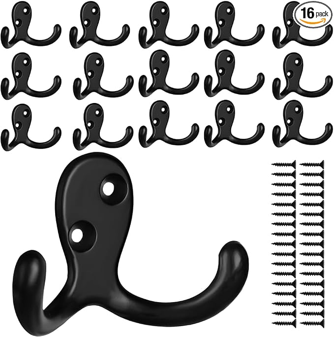 IBosins 16 Pack Heavy Duty Double Prong Coat Hooks Wall Mounted