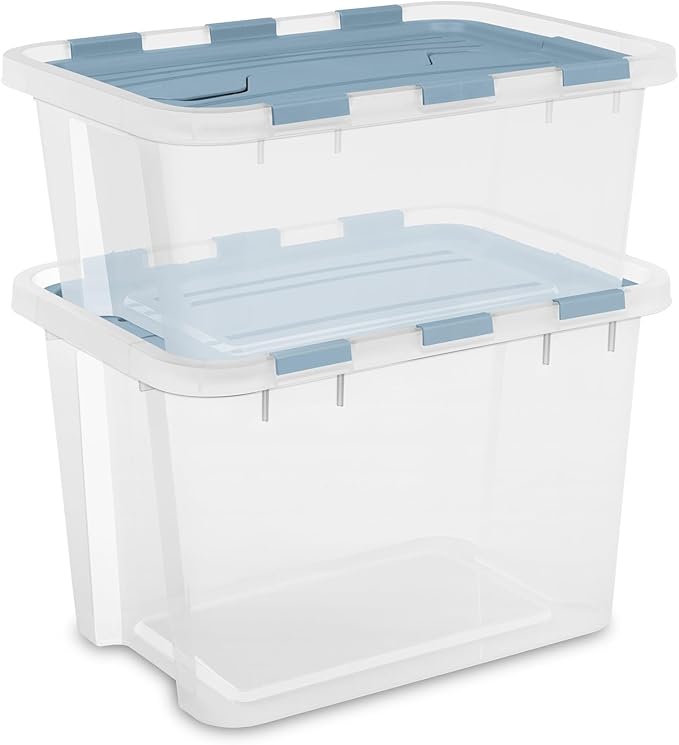 Sterilite 6 Pack Hinged Lid Storage Box, 30 Qt Plastic Container, Washed Blue - Home Organizer Tote for Storing Shoes, Crafts, Clothing, or Decor