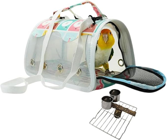 Bird Carrier Bag Bird Travel Cage with Indestructible Stainless Steel Mesh, Feeder Cups and Stand Perch, Portable Bird Travel Bag, Pet Transparent Breathable Travel Cage (Colorful,Medium)