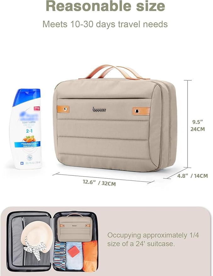 Women's Hanging Toiletry Bag, Waterproof Travel Cosmetic Organizer with Jewelry Storage, Large Capacity Makeup Case for Full-Size Skincare & Bathroom Essentials, Portable Cosmetic kit, Khaki