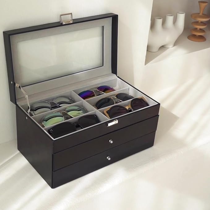 ProCase 3-layer Sunglasses Storage Organizer, 18 Slots Leather Sunglass Box Multiple Pairs Eyeglass Cases Eye Glass Eyewear Display Holder for Men Women, Father's Day Gift -Black