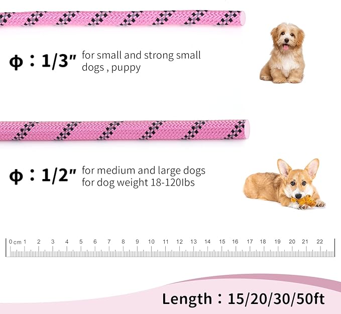 Long Dog Leash for Training 50Ft-Reflective Nylon Rope with Swivel Hook-Recall Agility Lead for Large Small Medium Dogs Outside Walking Hiking-Pink