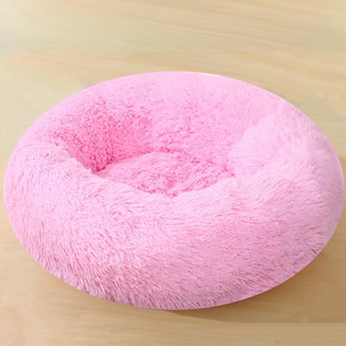 Calming Small Dog Bed & Cat Bed, 16 Inch Donut Fluffy Anti-Anxiety Round Bed Washable Cute Bed, Cuddler Warming Cozy Soft Bed, Plush Cushion Bed for Small Medium Dogs and Cats (Bright Pink)