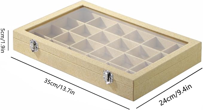Coward Jewelry Organizer Box, Yellow Linen 24 Grids Ring Earring Jewelry Display Tray Case with Transparent Glass Lid for Home Drawer or Shop Selling