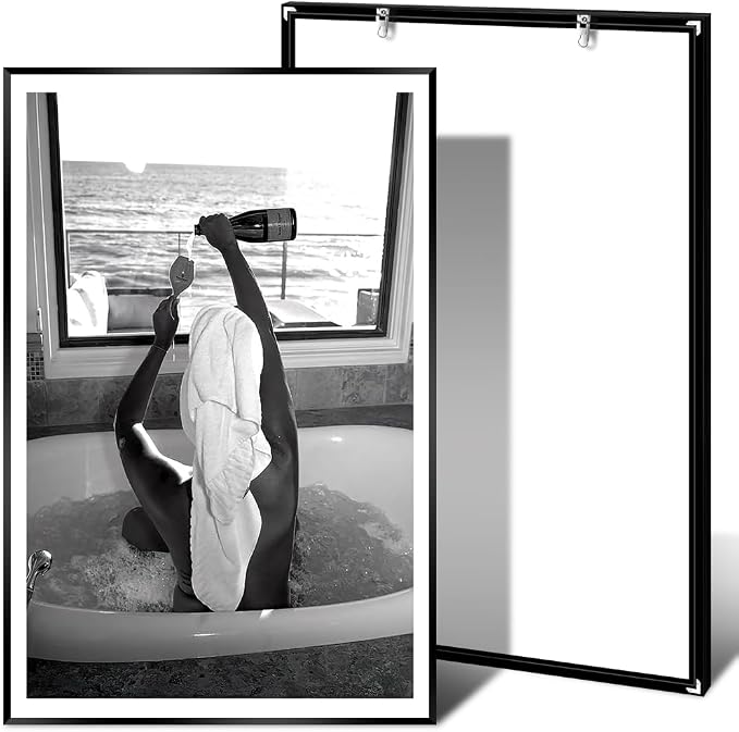 Trendy Black and White Poster Funny Woman Drinking Wine in Bathtub Wall Art