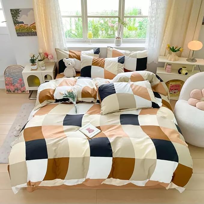 KAREVER Checkerd Comforter Brown Twin Multicolored Grid Bedding Kids Khaki Grid Bed Blanket White Black Plaid Buffalo Girls Twin Bedding Comforter All Season Hotel Quality
